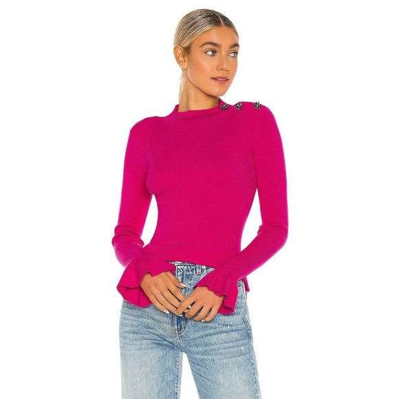 MILLY X REVOLVE Rib Gem Shoulder Pullover Fuchsia Pink Long Sleeve M NWT $295